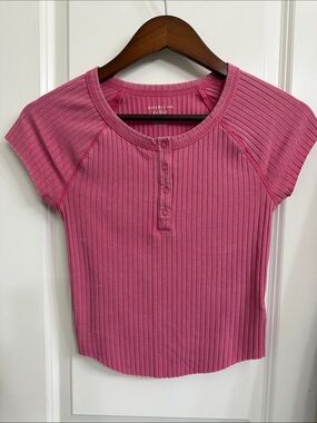American Eagle Outfitters Pink Ribbed Henley Knit Top